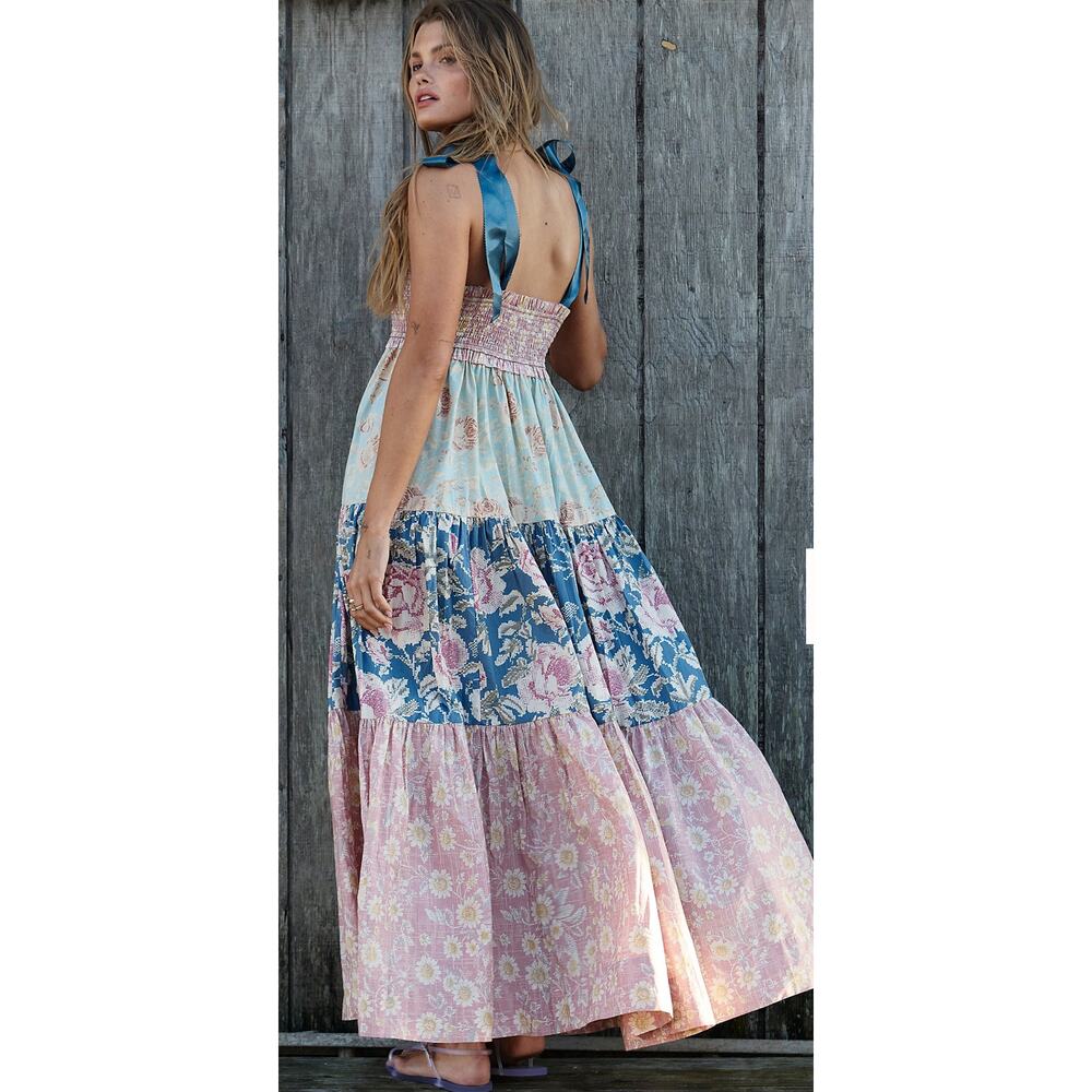 Free People Bluebell Tiered Maxi Dress Antique Combo M Patchwork Cottage Prairie